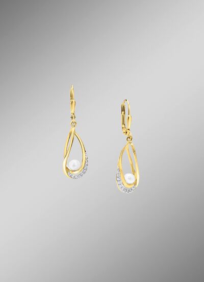 Ohrringe mit S&uuml;&szlig;wasser-Zuchtperlen und synth. Zirkonia 