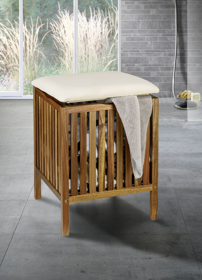 Massiver Badhocker aus Akazienholz mit W&auml;schebeh&auml;lter 