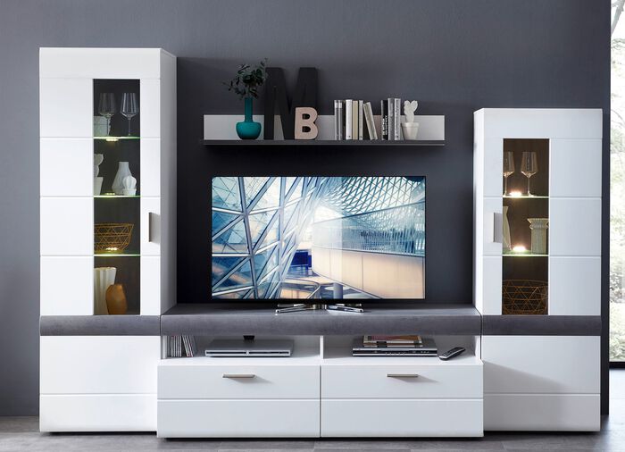 Schicke Wohnwand mit LED-Beleuchtung WEISS-BETON