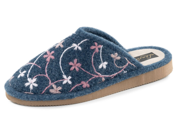 Laurina, leichte Damen-Hausschuhe, mit bunter Blüten-Stickerei BLAU