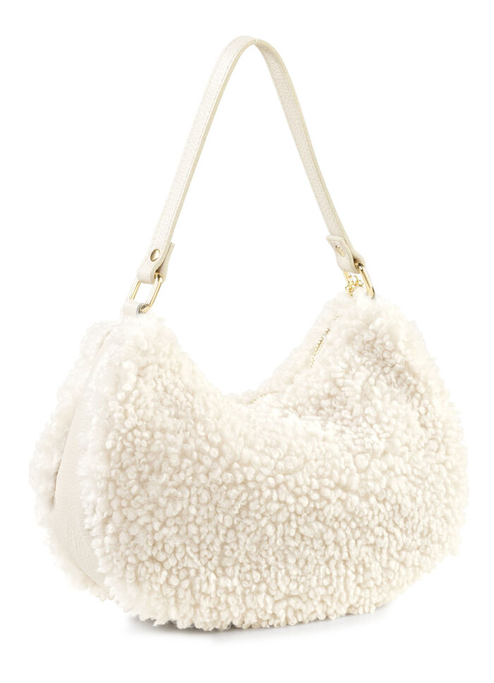 Laurina Tasche aus kuscheligem Teddy-Plüsch und genarbtem Kalbleder ECRU