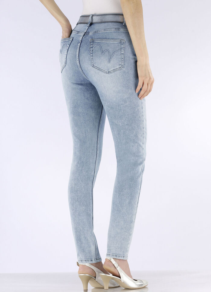 Jeans mit Strasszier und glänzenden Blütenmotiven 