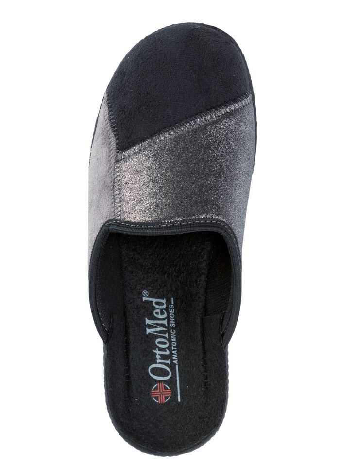 Klassische Damen-Hausschuhe, Weite H, im Textil-Materialmix SCHWARZ-GRAU