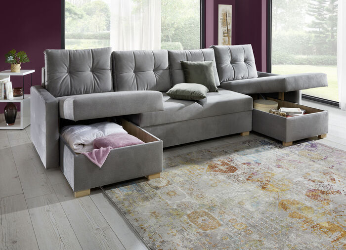 Gem&uuml;tliche Wohnlandschaft mit Bettfunktion GRAU