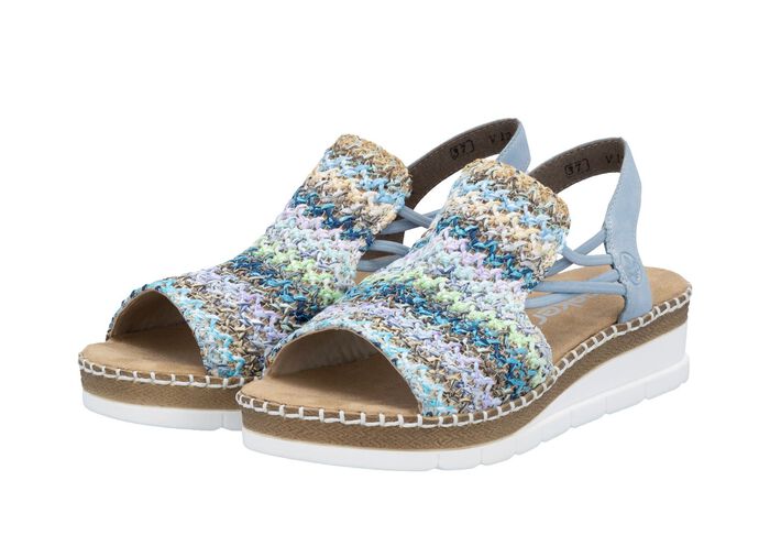 Rieker, sommerliche Damen-Sandalen, mit seitlichen Elastik-Bandagen HELLBLAU-BUNT