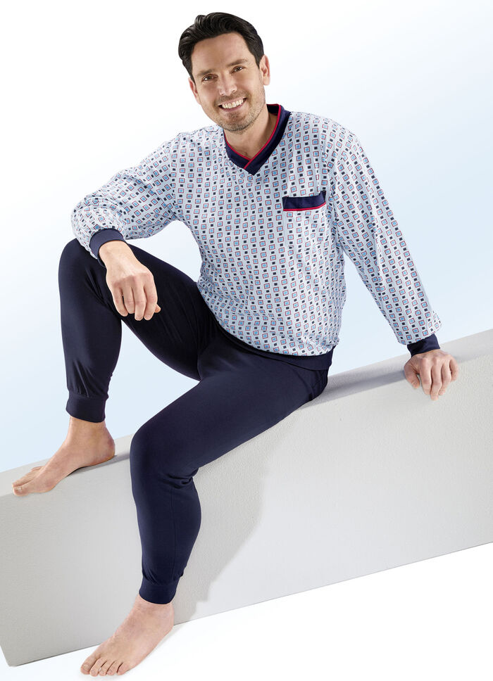 Schlafanzug mit V-Ausschnitt und Bündchenabschlüssen HELLBLAU-BUNT