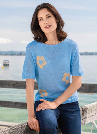 Pullover mit Glitzer in Blumenmotiven 