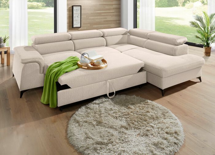 Polsterecke mit Bettfunktion und verstellbaren Kopfst&uuml;tzen CREME