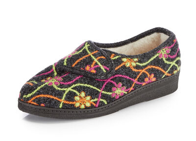 Klett-Hausschuh mit bunter Blüten-Stickerei 