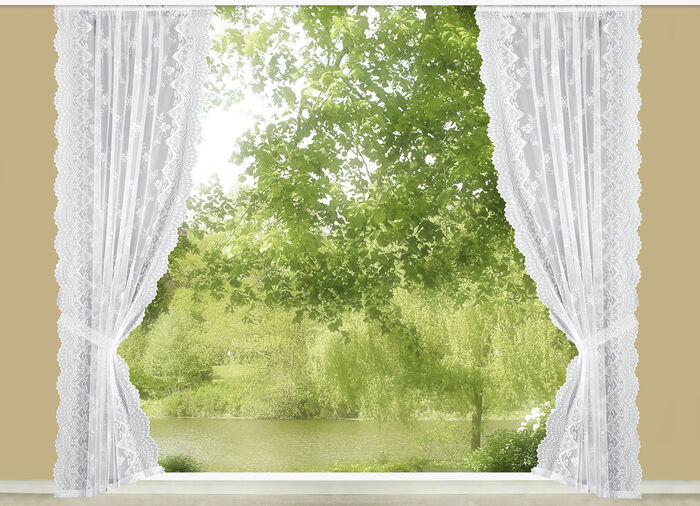 Seitenschal-Garnitur und Raffhalter mit Bl&uuml;ten-Dessinierung 