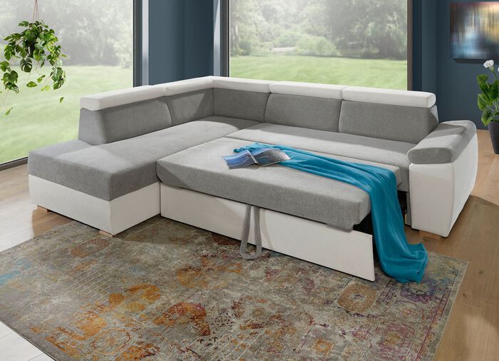 Polsterecke mit Bettfunktion GRAU-WEISS