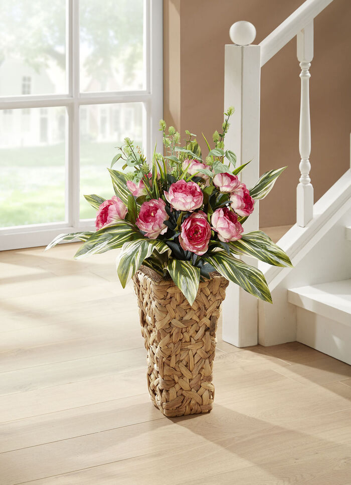 Bauernrosen in Wasserhyazinthen-Korb PINK-GRÜN