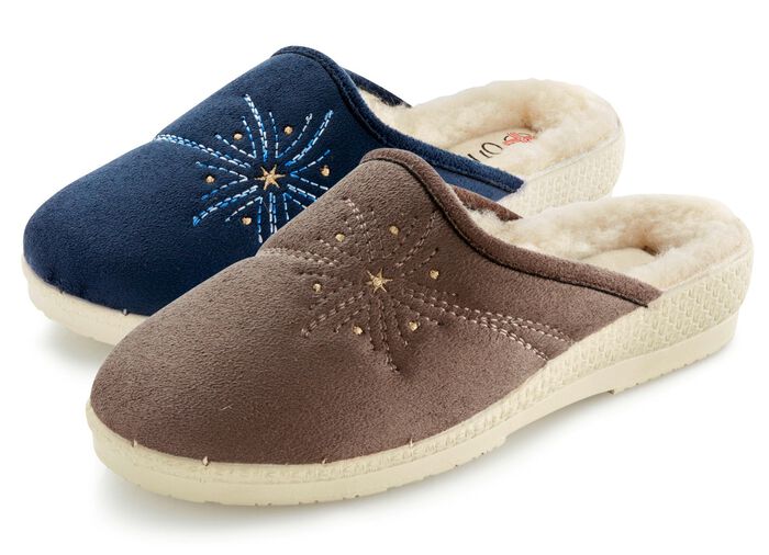 Zweierpack, warme Damen-Hausschuhe, Weite H, mit Wolle TAUPE+MARINE