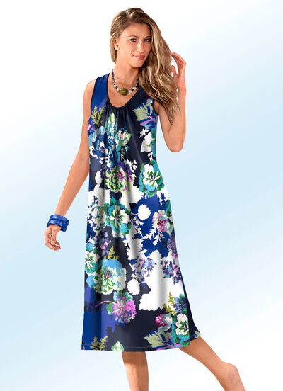 Kleid mit farbbrillantem Druckdessin und Raffungen 