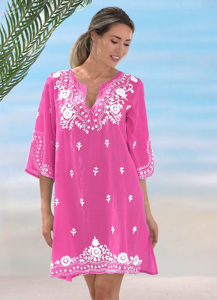 Tunika mit weißer Stickerei sowie Seitenschlitzen, reine Baumwolle FUCHSIA-WEISS