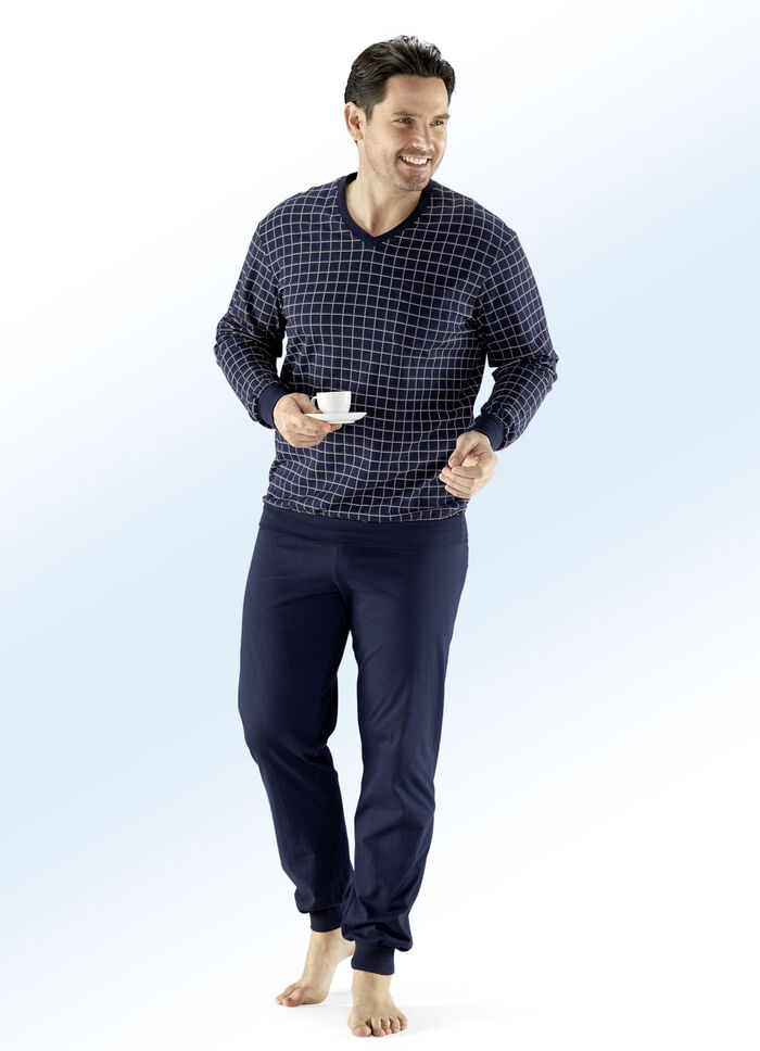 Schiesser Schlafanzug mit V-Ausschnitt und Bündchenabschlüssen 