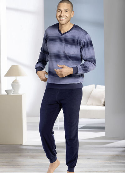 Frottier-Schlafanzug mit V-Ausschnitt und Bündchenabschlüssen 