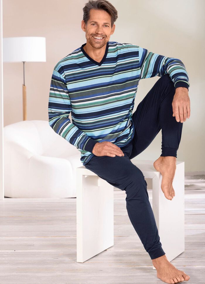 Schlafanzug mit V-Ausschnitt und B&uuml;ndchenabschl&uuml;ssen  