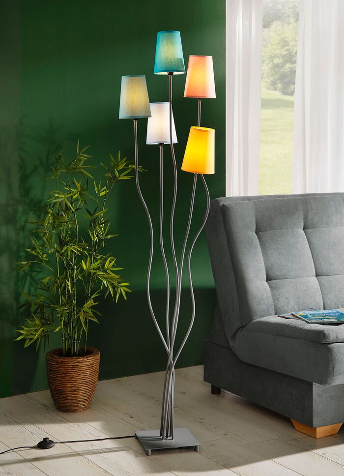 Stehleuchte, 5-flammig, aus Metall mit Stoffschirm 