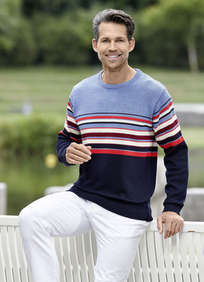 Kombistarker Rundhalspullover HELLBLAU MELIERT MARINE GESTREIFT