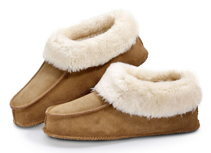 Leder-Hausschuhe mit flauschigem Innenfell BRAUN