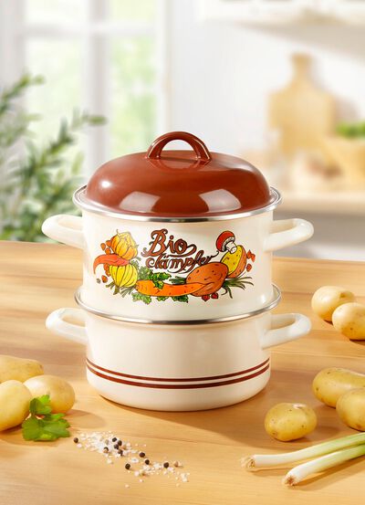 Kartoffeld&auml;mpfer aus emailliertem Stahlblech 