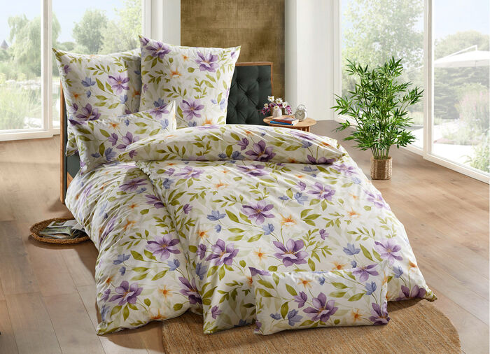 Fein-Renforcé Bettwäsche aus 100% Baumwolle CREME-FLIEDER