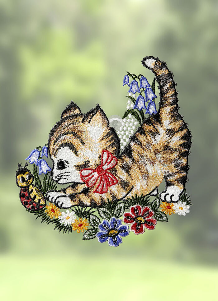 Fensterbild K&auml;tzchen aus echter Plauener Spitze 