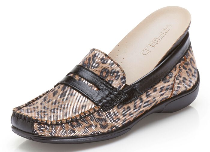 Slipper mit rassigem Leo Print SCHWARZ-CAMEL