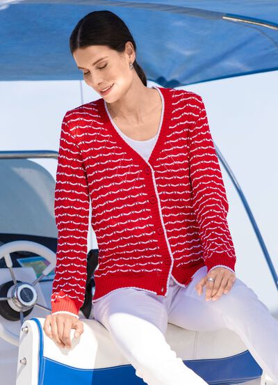 Strickjacke mit feinen Ringeln und Ajourrauten 