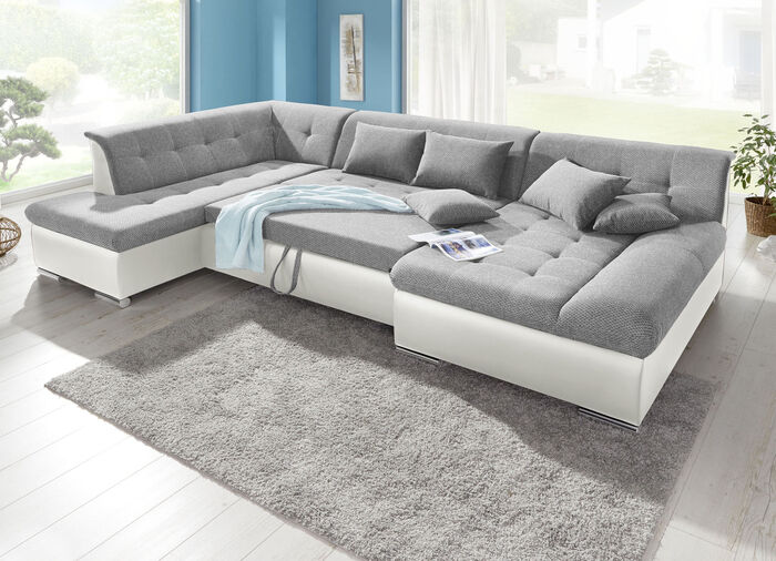 Wohnlandschaft mit Bettfunktion WEISS-SILBER