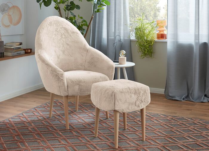 Sessel mit Hocker mit flauschigem Stoffbezug CREME
