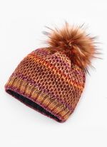 Grobstrick-M&uuml;tze mit meliertem Webpelz-Bommel ORANGE-MULTI