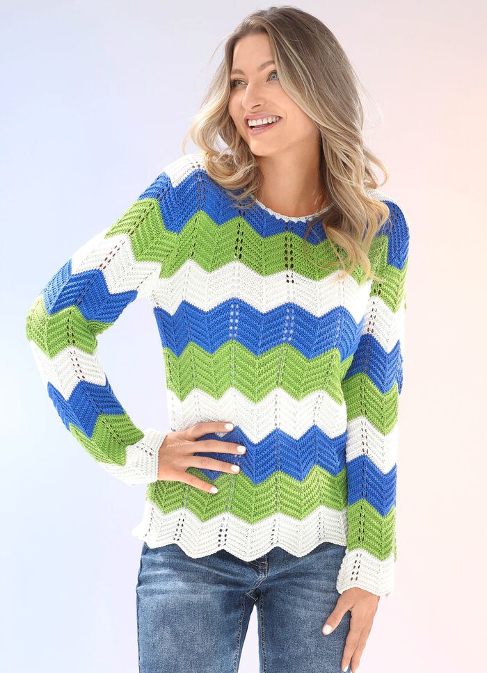 Pullover mit Zackenringeln ECRU-JEANSBLAU-LIMETTE