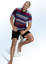 Shorty mit V-Ausschnitt, Brusttasche und Ringeldessin BEERE-BLAU-SCHWARZ