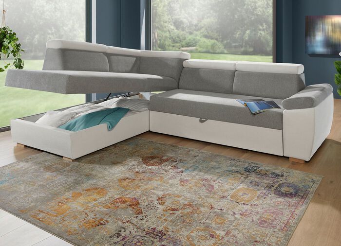 Polsterecke mit Bettfunktion GRAU-WEISS