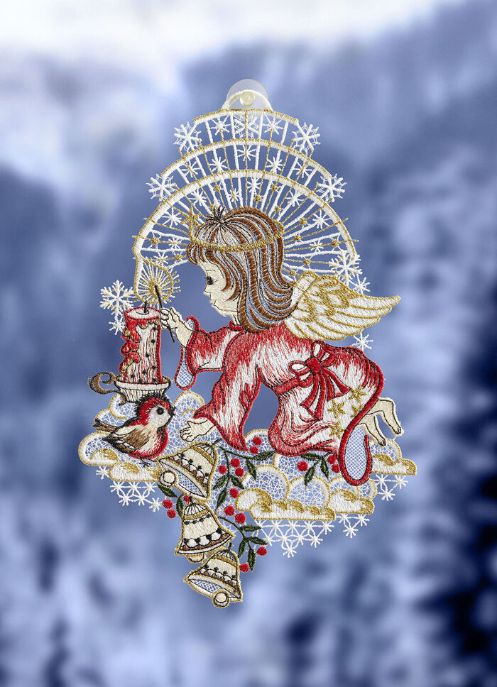 Fensterbild Engel mit Kerze aus echter Plauener Spitze 