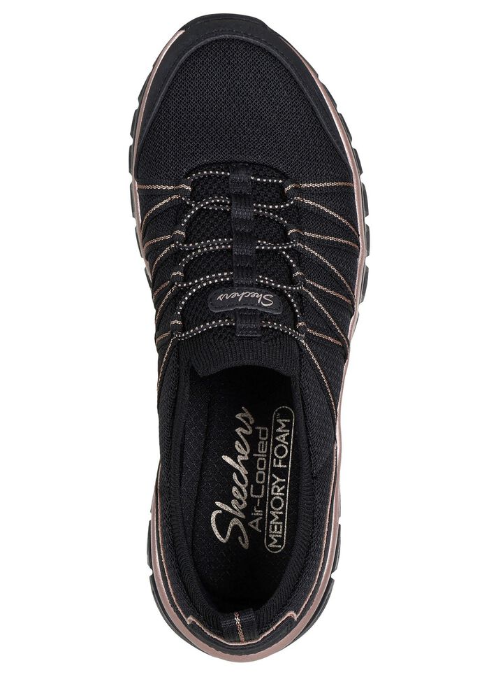 SKECHERS,  trendige Damen-Slipper, aus gestricktem Mesh-Material SCHWARZ-ROS&Eacute;GOLD