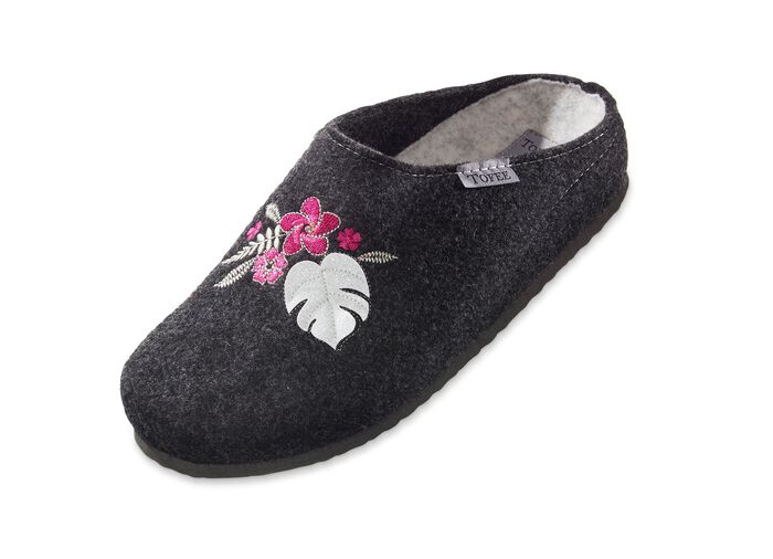 Hausschuh mit  Blüten- und Blattstickerei ANTHRAZIT