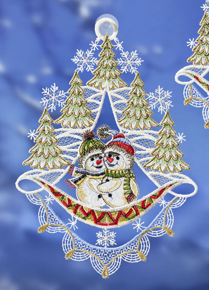 Fensterbilder Schneemänner aus echter Plauener Spitze BUNT