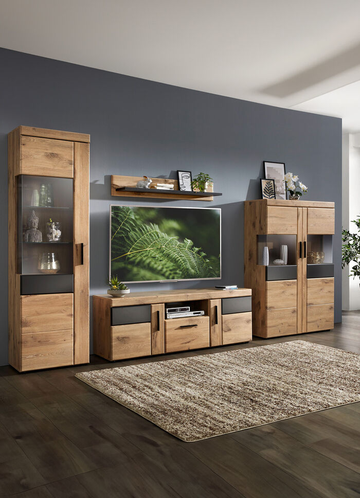 Wohnwand mit anthrazitfarbenen Elementen 