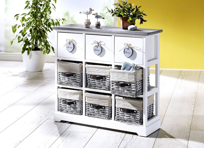 Massivholz Kommode mit Körbe aus Weide ANTIK-CREME
