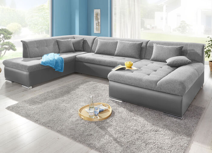 Wohnlandschaft mit Bettfunktion GRAU-SILBER