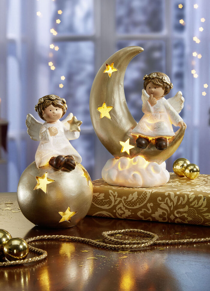 Beleuchteter Engel aus Keramik WEISS-GOLD