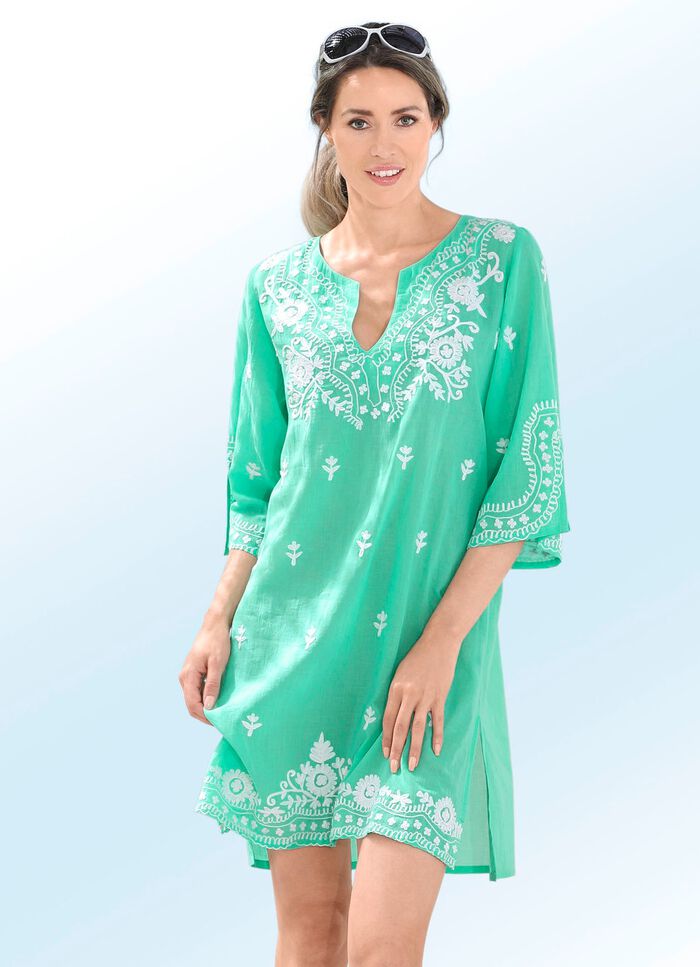 Tunika mit weißer Stickerei sowie Seitenschlitzen, reine Baumwolle MINT-WEISS