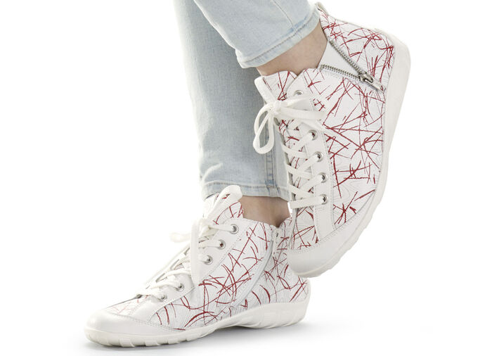 Remonte Schn&uuml;r-Stiefelette aus effektvoll bedrucktem Nappaleder WEISS-ROT