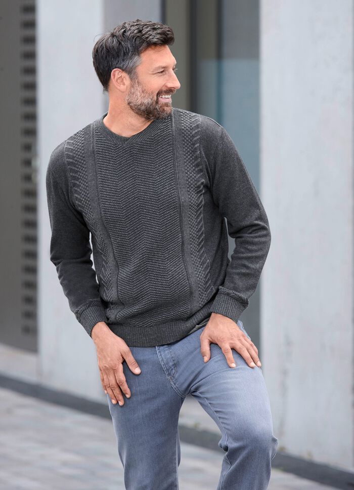 Rundhalspullover mit Strukturdessin in 2 Farben ANTHRAZIT-GRAU MELIERT