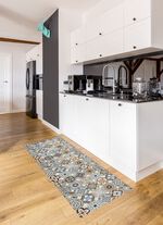 Strapazierf&auml;higer K&uuml;chenl&auml;ufer und -teppich im Fliesen-Design BLAU-GRAU