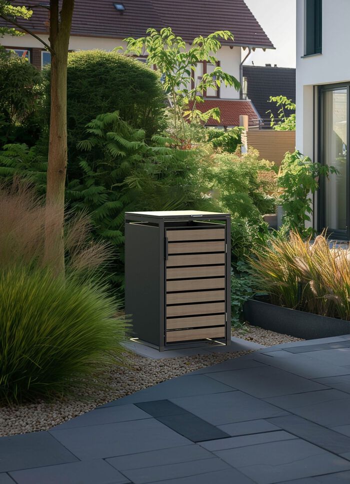 M&uuml;lltonnenbox &bdquo;Lacina&ldquo;, T&uuml;ren in Holzoptik 