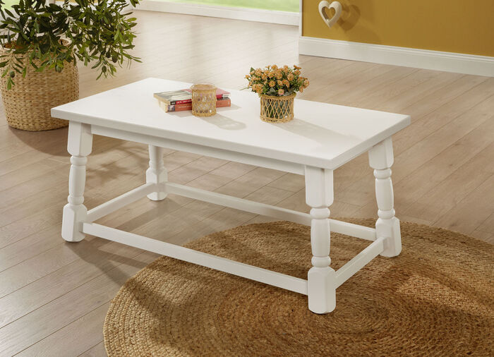 Couchtisch auf massivem Kiefernholz-Gestell WEISS